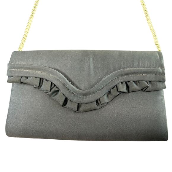 Vintage Black Clutch- Mini Bag- Gold Chain- Front Ruffles- Made in Hong Kong - Picture 1 of 5